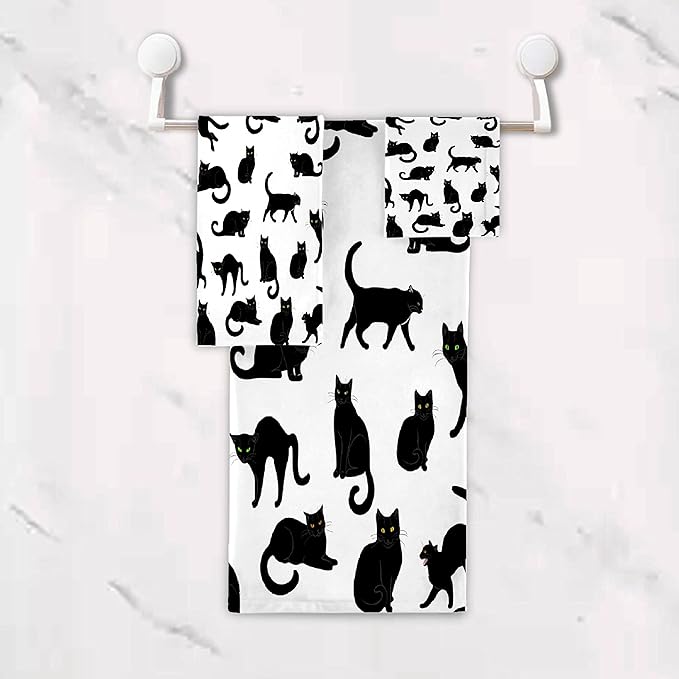 Black Cats 3 Piece Towel Bathroom Sets, 1 Bath Towel, 1 Washcloth, 1 Hand Towel, Cotton Fast Dry Soft Absorbent Towel Set for Home Kitchen Family