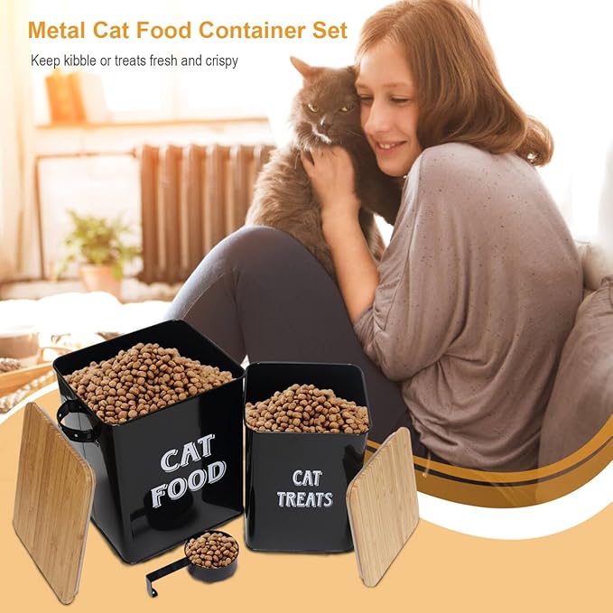 Cat Food and Treats Containers Set with Scoop for Cats or Dogs -Tight Fitting Wood Lids - Coated Carbon Steel - Storage Canister Tins-Cat-Black