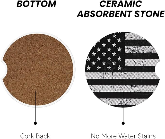 Absorbent Ceramic Car Coasters for Cup Holders, Black White American Flag Design 2.56" Anti Slip Universal Drink Cup Coasters for Women Men (2 Pack)