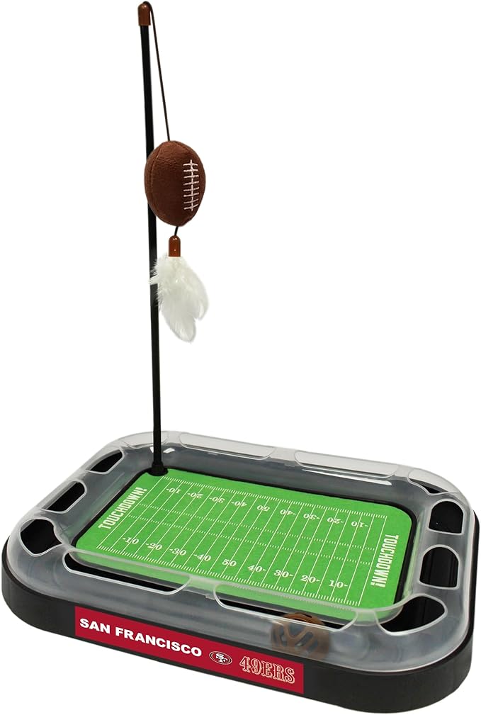 Cute Cat Toy NFL SAN FRANCISCO 49ERS FOOTBALL FIELD CAT SCRATCHER TOY with CATNIP Filled Plush FOOTBALL Toy & Feather Cat Toy hanging, with Jingle Bell INTERACTIVE BALL Cat Chasing 5-in-1 KITTY Toy