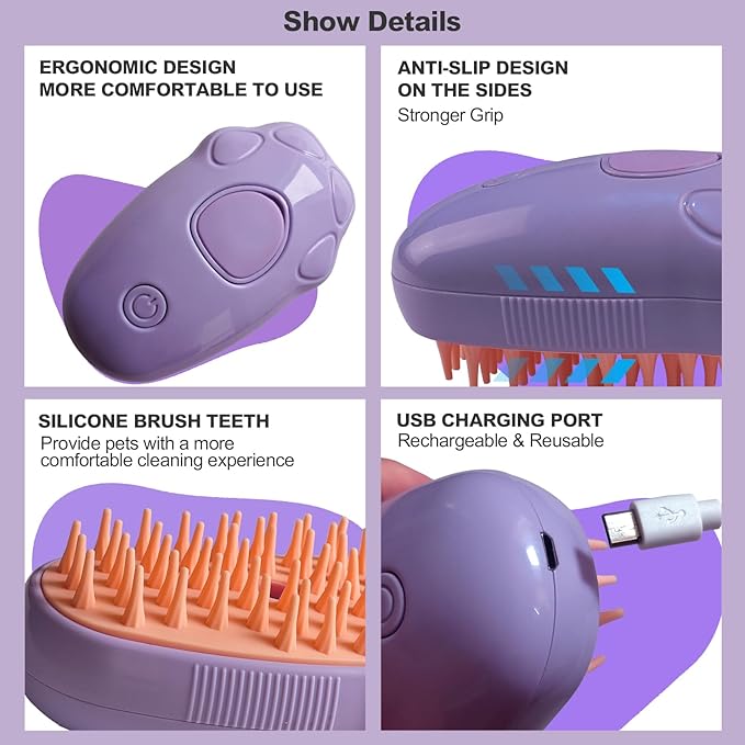 3in1 Cat Steam Brush,Quiet Cute Rechargeable Steamy Pet Brush for Long/Short Hair Dog/Cat Shedding&Grooming&Cleaning,with USB Cable,Effectively Remove Floating&Tangled Hair-Purple Cat Paw
