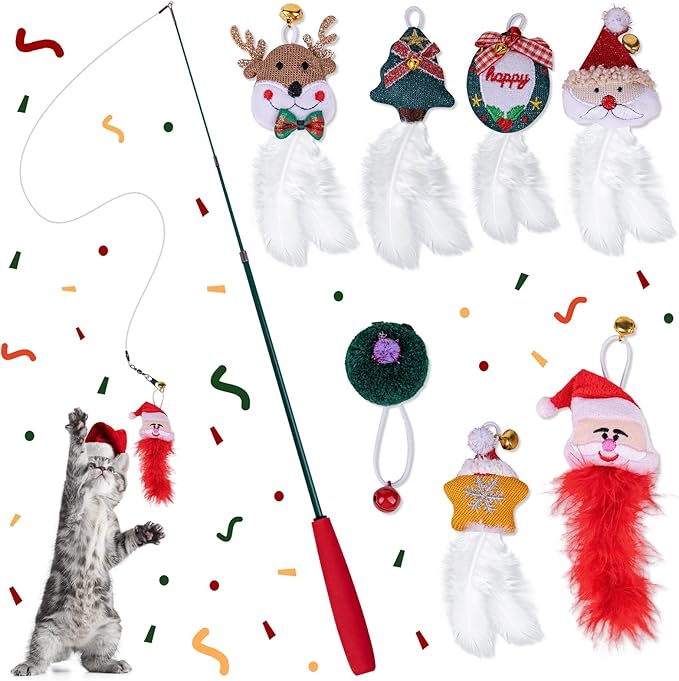 Pet Soft Cat Toys Feathers Wand Christmas Interactive Cat Toy Kitten Toys Retractable Cat Wand Toy and 7 Feather Teaser Refills with Bells Cat Toys