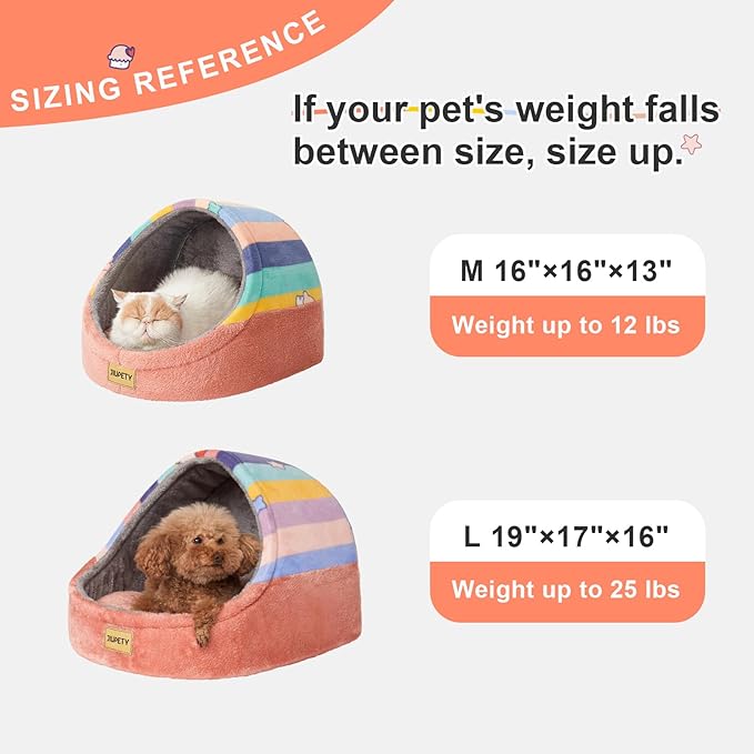 Jiupety Cute Cat Beds for Indoor Cats, Cat Cave Bed and Kitten Bed, Hideway Cat House for Cat & Small Dog with Anti-Slip Bottom, Washable Removable Cushion, L(19"x17"x16"), Rainbow.