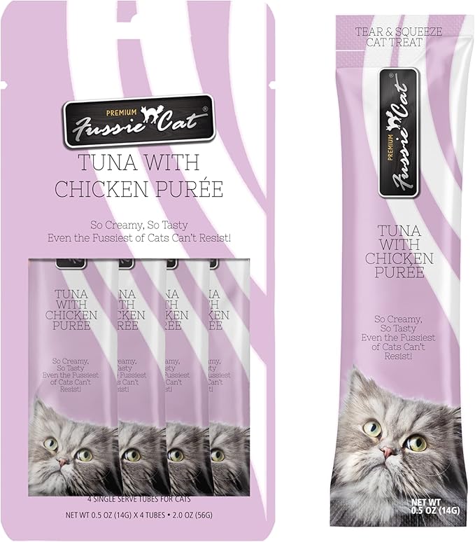 Fussie Cat Tuna with Chicken Puree, lickable cat treats, 0.5oz pouch pack of 4