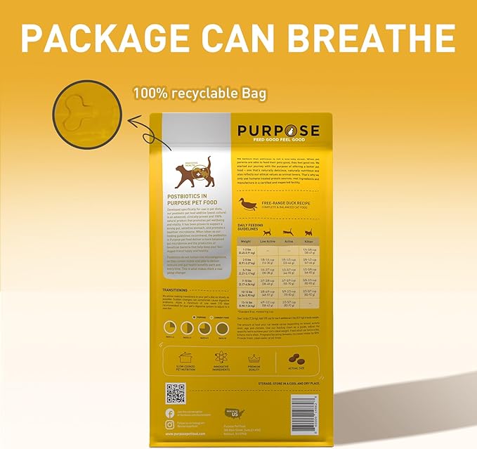 PURPOSE Natural Dry Cat Food, Grain Free Dry Cat Food, Protein Rich Indoor Cat Food for All Breeds and Life Stages, Free-Range Duck Recipe with Postbiotics, 4.5lb Bag, USA Made…