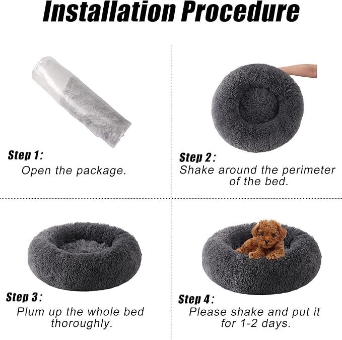 Calming Dog Bed, Dog Beds Fits up to 25 lbs Pets, Fluffy Donut Dog & Cat Bed Washable, Round Anti Anxiety Dog Bed, Small Dog Bed with Non-Slip Bottom (Dark Grey, 24" x 24")