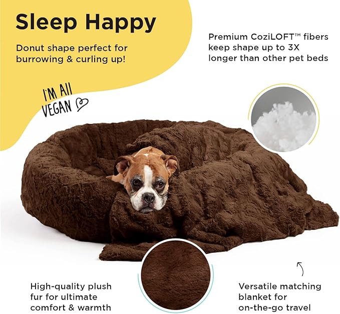 Best Friends by Sheri Bundle Set The Original Calming Lux Donut Cuddler Cat and Dog Bed + Pet Throw Blanket Dark Chocolate Large 36" x 36"
