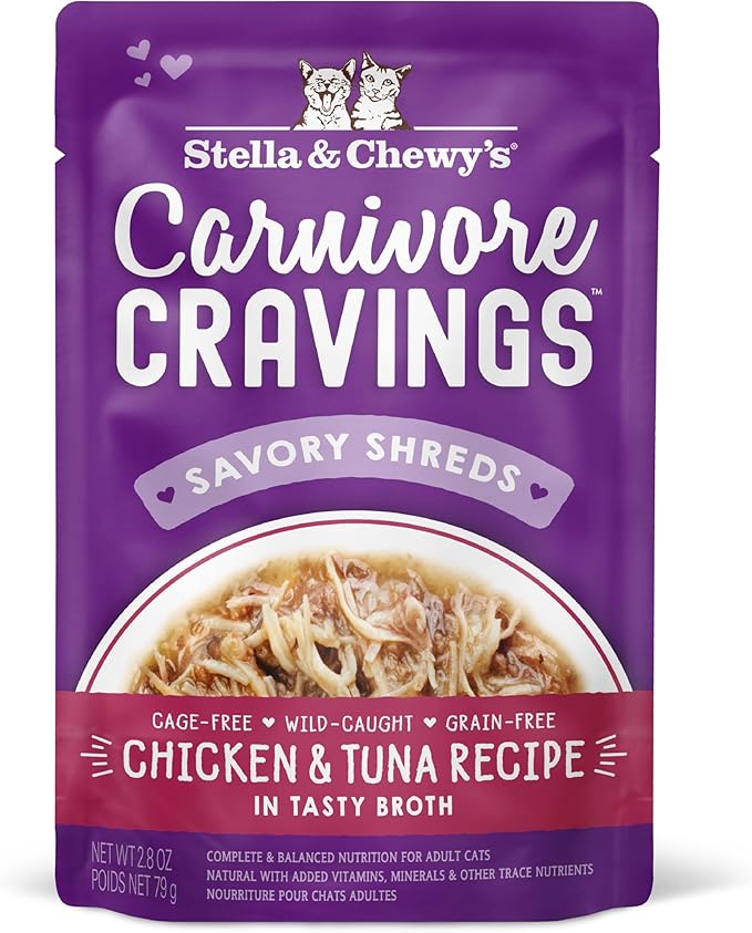 Stella & Chewy's Carnivore Cravings Savory Shreds Wet Cat Food Pouches – Grain Free, Protein Rich Meal, Topper or Treat – Chicken & Tuna Recipe (2.8 Ounce Pouches, Case of 12)