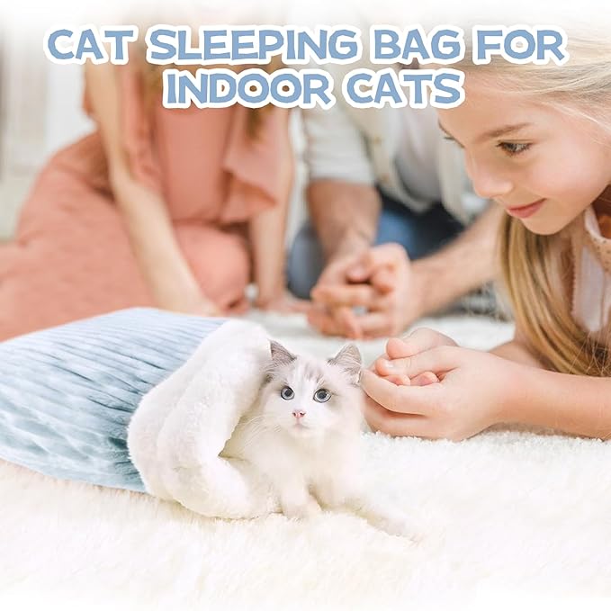 Cat Winter Sleeping Bag, Cat Bed Cave Sleeping Bag, Cat Sleeping Bag, 360°Wrap Comfortable Pet Snuggle Sack, Soft Plush Large Cat Sack - Size M（Gray Blue）