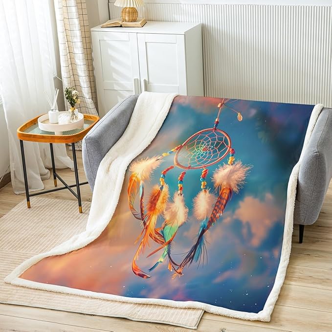 Dreamcatcher Plush Blanket Boho Dream Catcher Decor Fleece Throw Blanket for Sofa Couch Bed Bohemian Style Sherpa Blanket Gradient Room Decor Chic Luxury Feather Fuzzy Blanket Baby 30x40 Inch