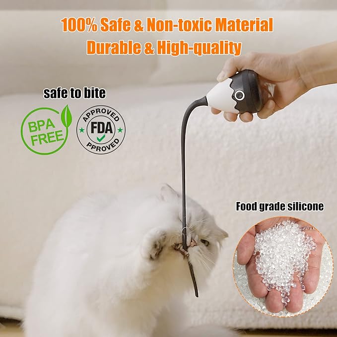 Cat Wand Toy, Automatic Silicone Tail Teaser Toy 2 in 1, Electronic Interactive Cat Toy for Indoor Cats, Rechargeable Exercise Toy for Kitten-Black