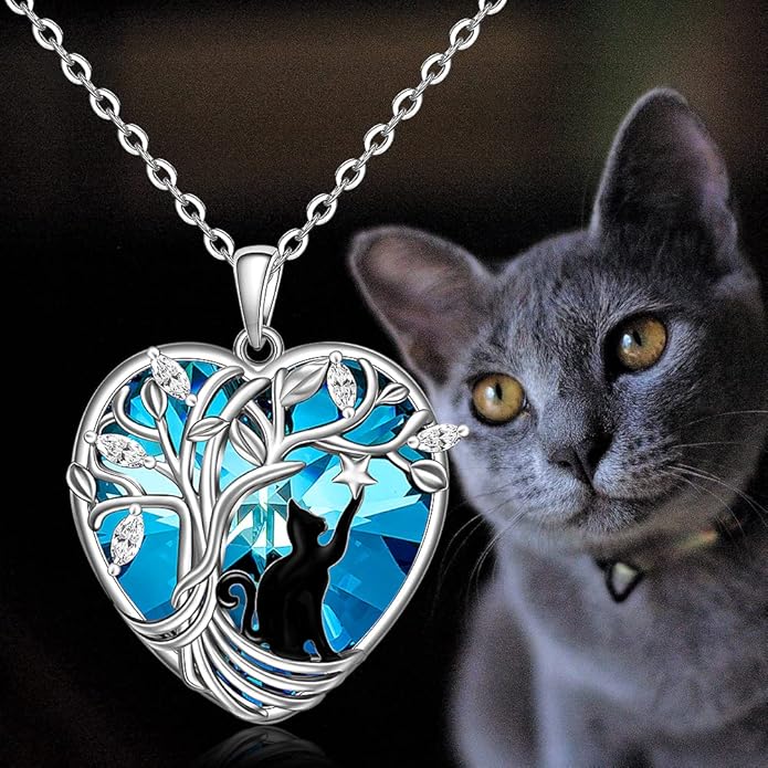 Black Cat Necklace for Women Sterling Silver Tree of Life Crystal Cat Pendant Necklace Heart Cats Jewelry Charms Friendship Memorial Valentines Christmas Gifts
