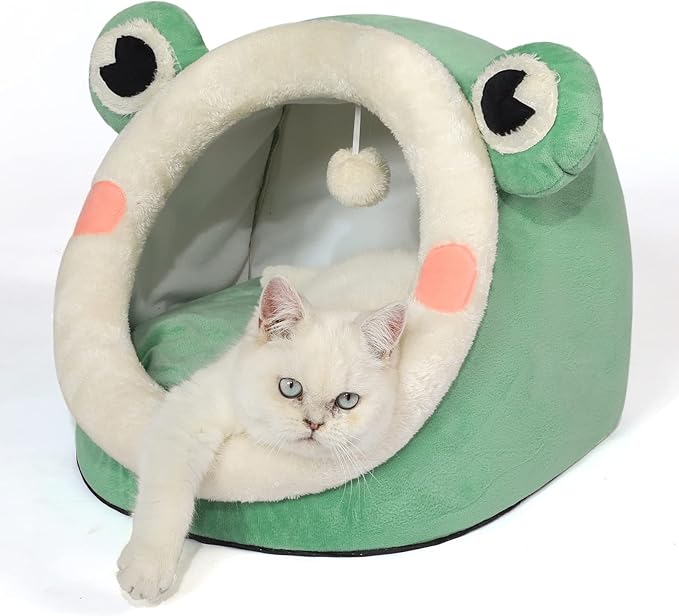 Jiupety Cute Cat Bed, Indoor Lovely Crystal Velvet Igloo for Cat and Small Dog, Warm Cave Sleeping Nest Bed for Puppy and Kitten, Green Frog, M.