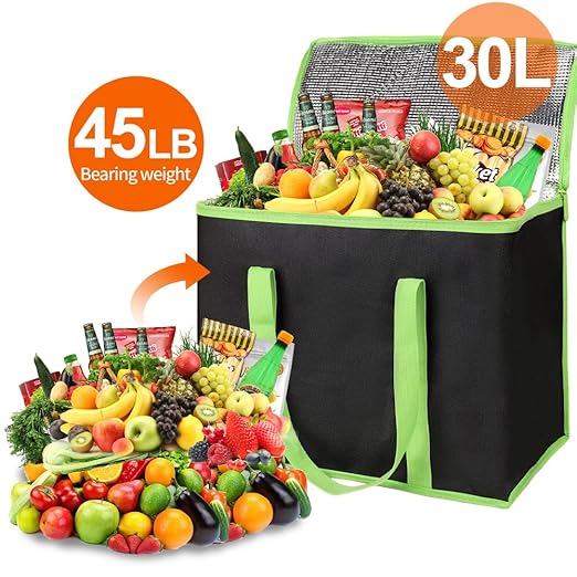 Bodaon 2-Pack Insulated Pizza Delivery Bags, X-Large Reusable Grocery Shopping Bags, Black with Green Edge