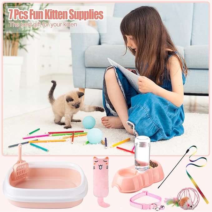 7 Pcs Small Cat Kitten Starter Kit Cat Litter Box with Shovel Cat Paw Litter Mat Double Automatic Cat Bowls Cat Toy Teaser Stick Cat Collar Essentials Kits for 1-3 Lbs Beginner (Light Pink,Stylish)