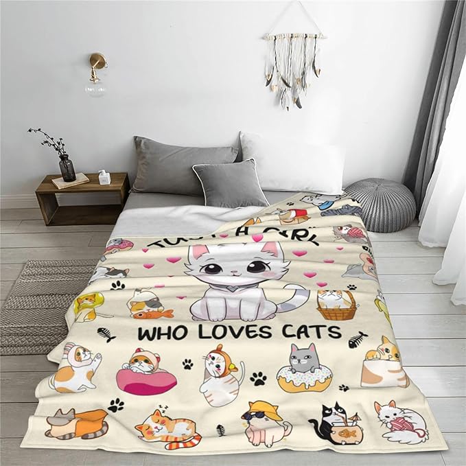 Cat Blanket Soft Cozy Warmth Flannel Cats Throw Blankets Just A Girl Who Loves Cats Blankets Bedding Decor for Cat Lover Girls Women Adults Gifts 80"x60"