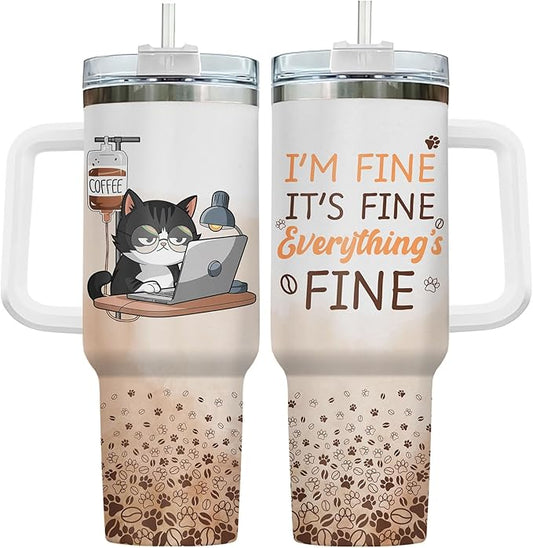 34HD Tuxedo Cat Tumbler 40oz Stainless Steel with Handle and Straw, It's Fine I'm Fine Mug, Funny Cat Travel Mug, Mothers Day Gifts for Tuxedo Mom