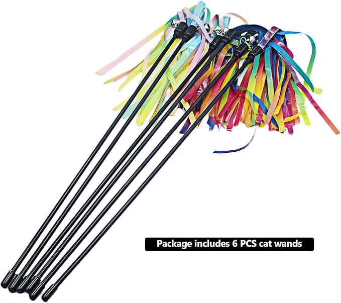 IUHKBH Cat Wands, 6 PCS Interactive Cat Teaser Wand with Sound Tassel and Bell Colorful Cat Toy