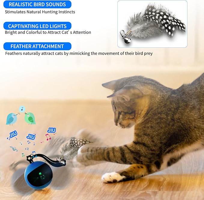 Interactive Cat Ball Toy with Remote Control, Automatic Moving Cat Toy Ball with Feather Tail, Electric Cat Puzzle Toy for Chasing and Hunting