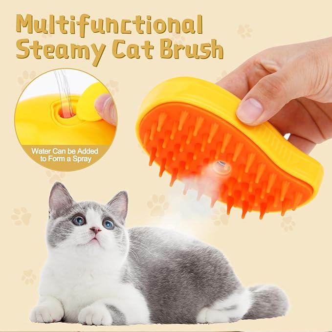 3 in 1 Steam Brush for Indoor Pets - Cat Hair Cleaning and Massage Brush Comb for Cats and Dogs (Yellow)