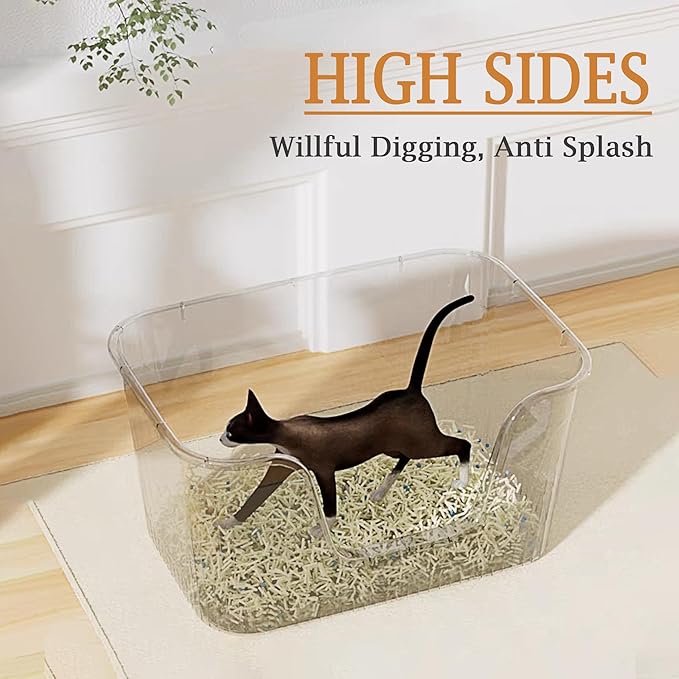 High Sided Large Cat Litter Box, Open Kitty Litter Box with High Sides, 21.5”×15.4”×10.5” High Wall Litter Box for Small and Medium Cats (Grey)