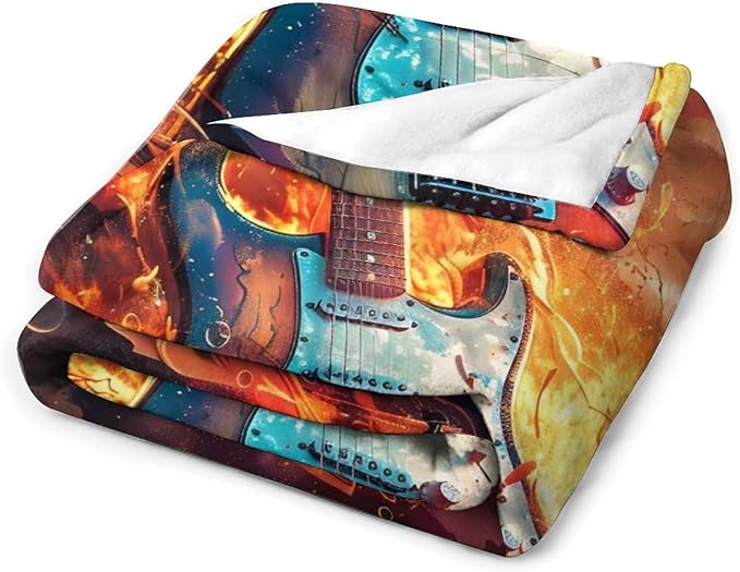Electric Guitar Fire Print Blanket Music Musical Instruments Acoustic Rock Throw Blankets Gifts for Couch Sofa Bed Stuff Decor Lightweight Cozy Fleece Plush Flannel Bedding for Lover Men Women 60"x80"