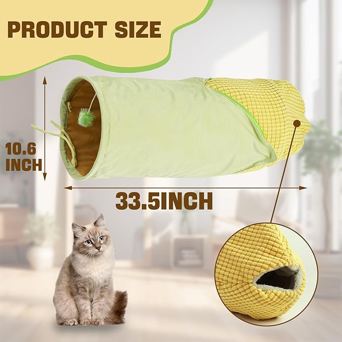 Cat Tunnel for Indoor Cat, Plush Cover Corn-Shaped Cat Tunnel Bed with Plush Cover, Length 33.5 Inch and Diameter 10.6 Inch, Suit for Kittens, Rabbits, Ferrets and Puppy