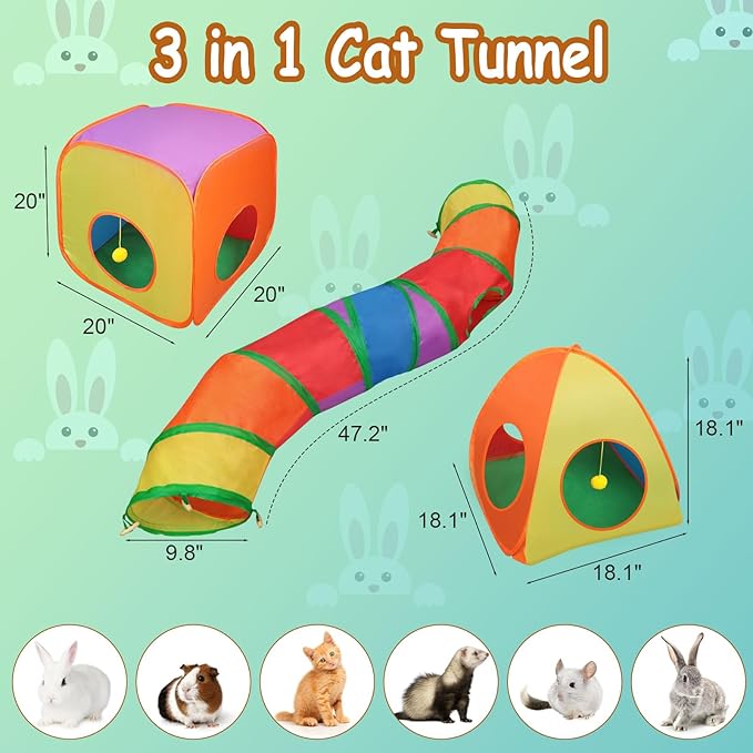 Rypet Cat Tunnels for Indoor Cats with Cube Tent Toys Combo Pop Up Collapsible Crinkle Interactive Peek Hole Cat Tube with Play Ball and Bell for Kitten, Puppy, Kitty, Rabbit