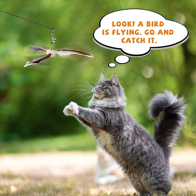 JXFUKAL Cat Wand Toys, Interactive Cat Toys with 3 Feather Refills, 29'' Flexible Steel Wire, Sturdy Wood Handle & Bell for Kitty Kitten, Cat Toys for Indoor Cats Cat Teaser Cat String Toy
