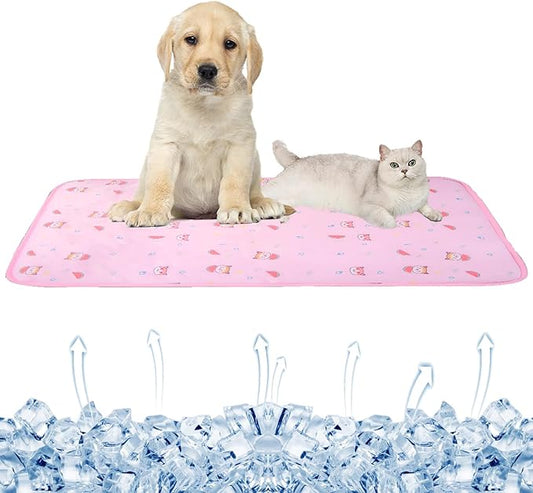 SEIS Dog Ice Pad Ice Silk Cats Kennel Mat Pet Cooling Pad Summer Cool Bamboo Mat Breathable Pad (Pink Cat, L
