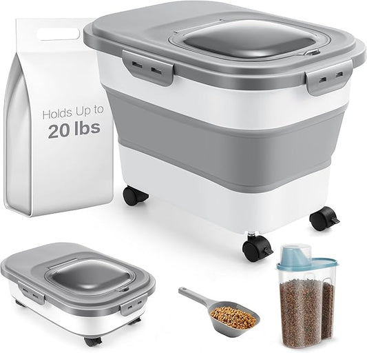 ANVS Airtight Collapsible Pet Food Container With Casters, Scoop and Small Container - Keeps Up To 20lbs Dry Dog Food Fresh (Grey)