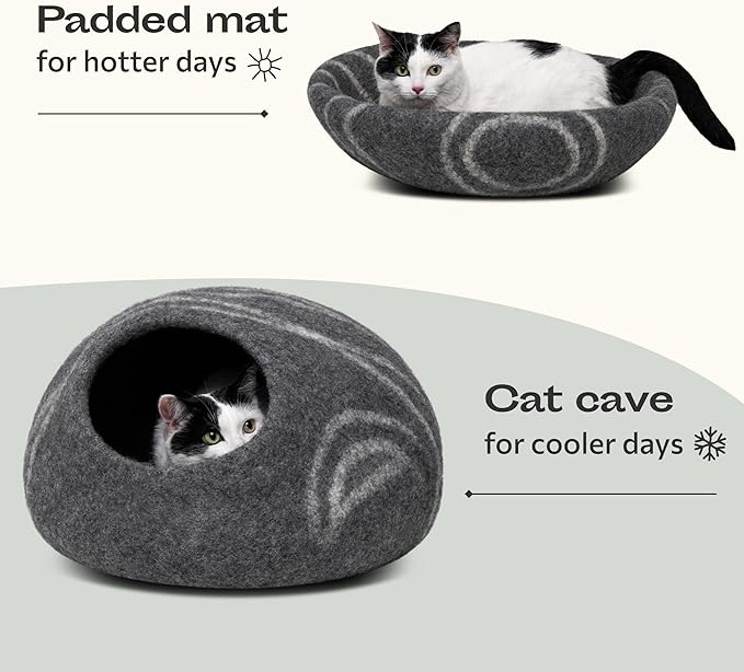 MEOWFIA Cat Cave – Premium Felt Cat Bed for Indoor Cats, Handmade 100% Merino Wool (Dark Shades) (Medium, Dark Grey)