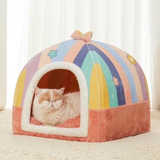 Jiupety Cute Cat House for Cats and Puppy, Cat Beds for Indoor, Cat Cave Bed with Removable Cushion, Cat Hideaway, 2-in-1 Pink Cat Bed, Medium, Rainbow.