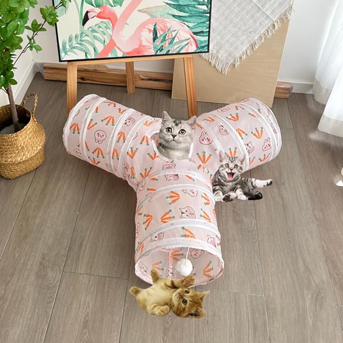 Cat Tunnel Tube Toys, Rabbit Pattern Tunnels for Indoor Cats, 3 Way Collapsible Interactive Toy Maze House with Peek Hole Dangling Ball for Rabbit, Kitten, Kitty, Puppy