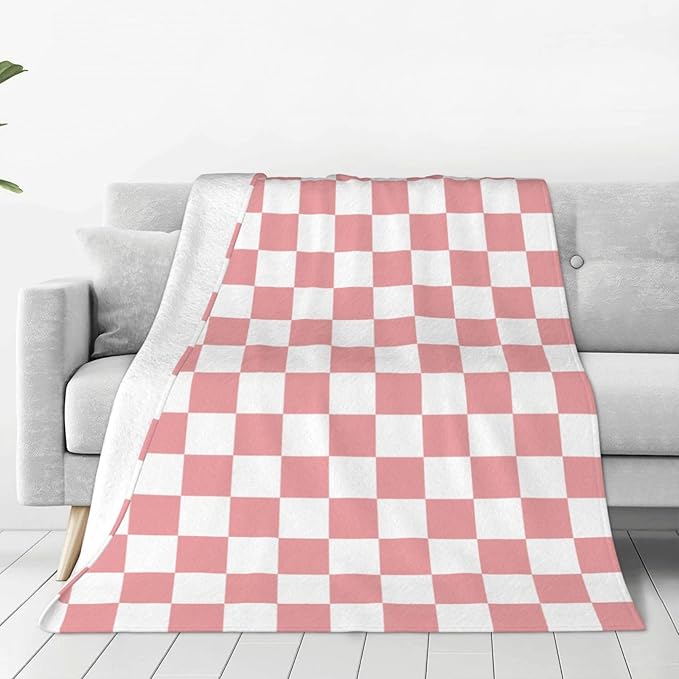 Rosy White Checkerboard Throw Blanket Soft Cozy Plush Warm Fleece Blanket for Sofa Couch Bed 80"X60"