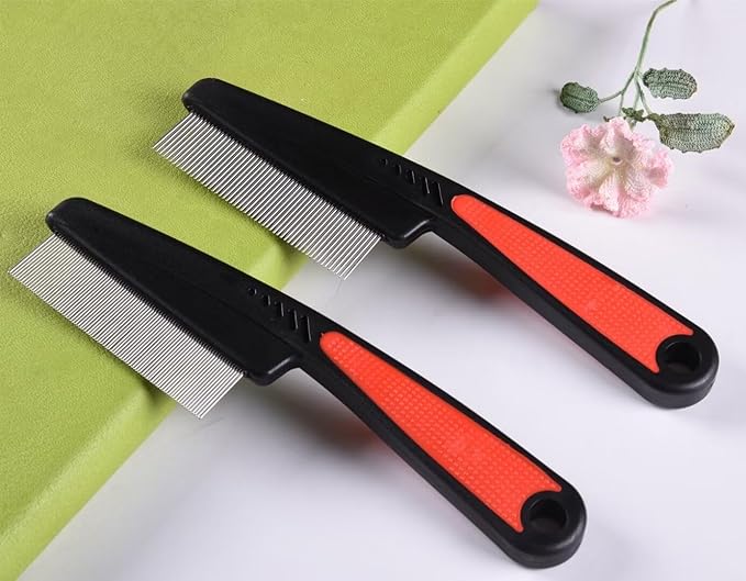 2 Pieces Fine Tooth and Wide Tooth Dog Grooming Comb - Rubber Handle Hair Comb for Small Dogs & Cats with Flea and Tick Removal (2PCS, Black Red)
