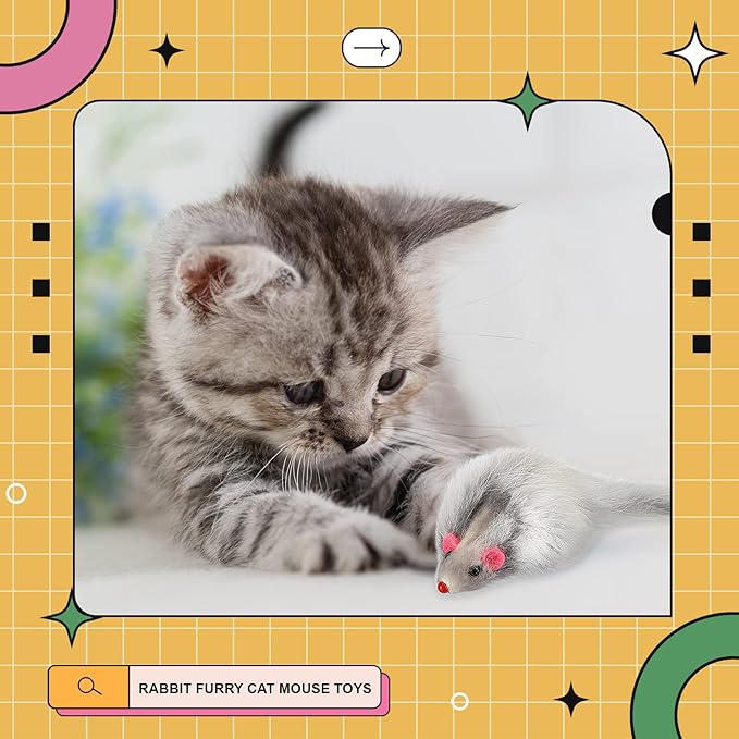 60 Pcs Furry Mice Interactive Catch Play Rabbit Fur Mouse Cat Toy Rattle Sound Rat Plush for PET Cats and Kittens, 3 Colors