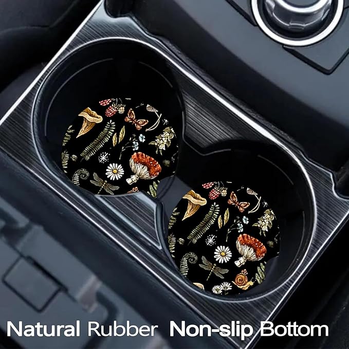 Car Coasters for Cup Holders,2 Pack Mushroom Car Coasters,2.75" Universal Size Anti Slip Rubber Mat,Automotive Cup Holder Decal Decor Accessories,Mushroom Gifts for Women,Men,Mom