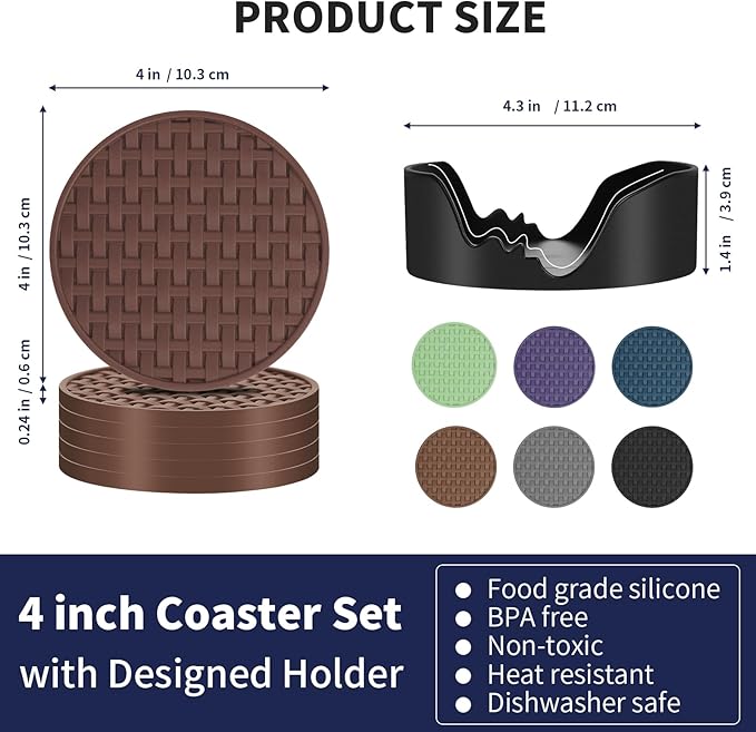Brown Silicone Coasters 6 Packs with Holder, Heat Resistant & Waterproof Cup Mats, 4 Inches Non-Slip Decorative Coster Set for Home, Office, Kitchen, Coffee Bar Table