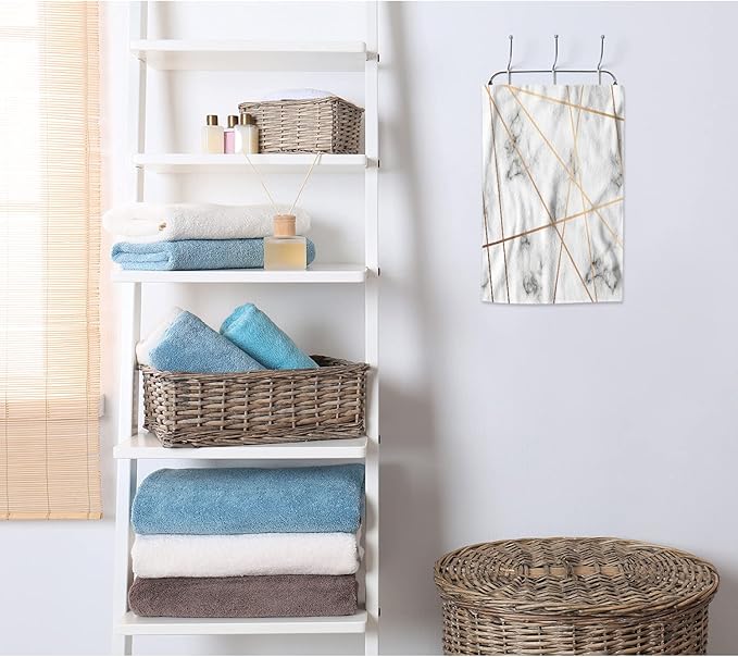 AOYEGO White Gray Marble Towels Golden Geometric Lines Marbling Surface Soft Highly Absorbent Large Hand Towels for Bathroom Hotel Gym and Spa 15x30 Inch