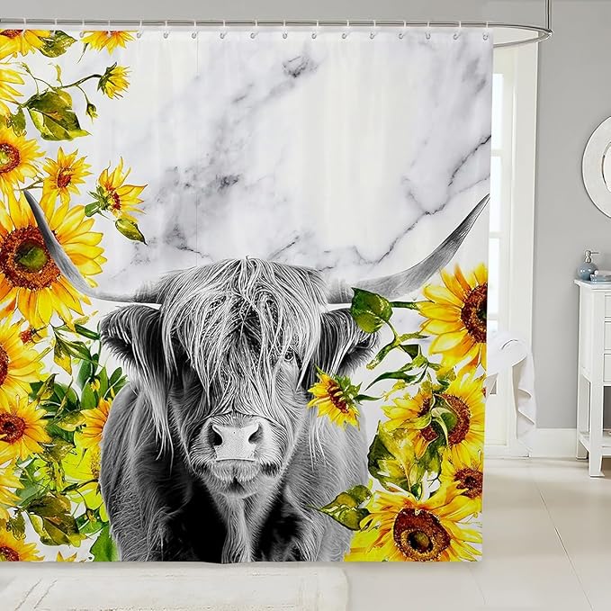 Highland Cattle Shower Curtain Girls Sunflower Highland Cow Marble Print Bathroom Shower Curtain Set Farm Animal Bath Curtain for Bathroom Sunflower Floral Bathroom Accessories Decorative 72"x84"