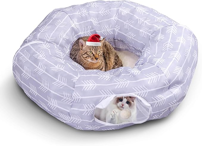 Nobleza Cat Tunnel Bed, Collapsible Washable Cat Tube Tent Toy for Indoor Play Rest, Lightweight Ventilate Cool Kitty Tube Toy Round Donut Tunnel with Detachable Cushion Hanging Balls