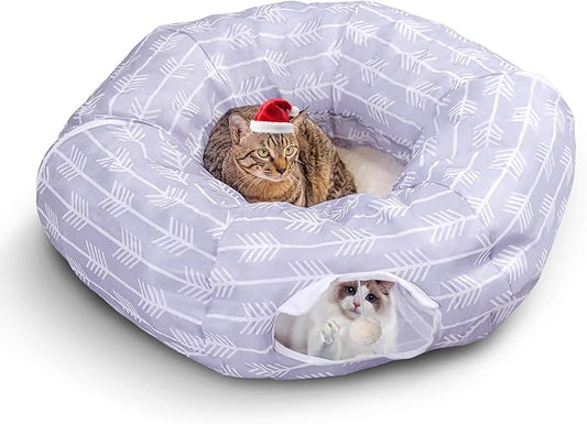 Nobleza Cat Tunnel Bed, Collapsible Washable Cat Tube Tent Toy for Indoor Play Rest, Lightweight Ventilate Cool Kitty Tube Toy Round Donut Tunnel with Detachable Cushion Hanging Balls
