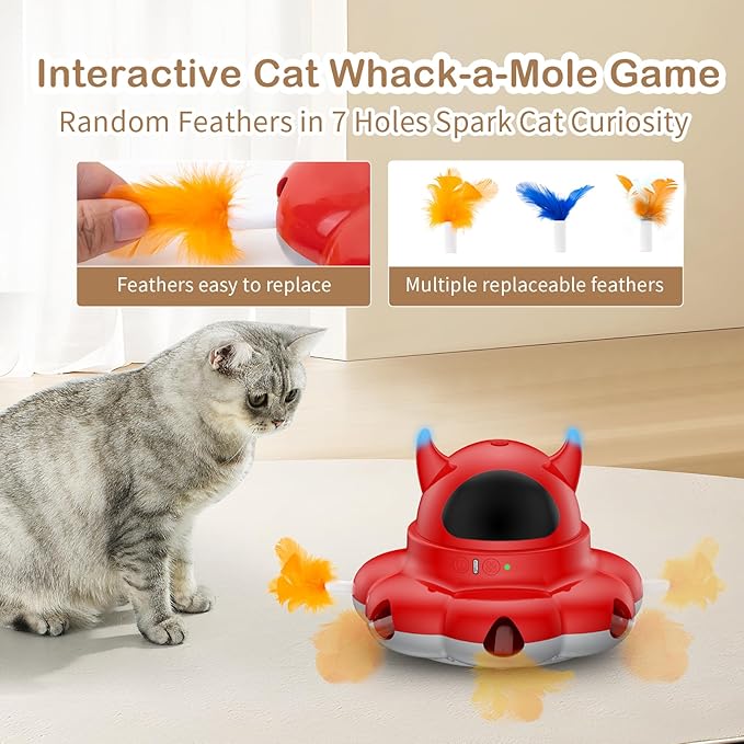 2-in-1 Interactive Cat Toys for Indoor Cats, Automatic Cat Toy with 7 Holes Mice Whack A Mole Moving Feather, Smart Cat Toy (Red)