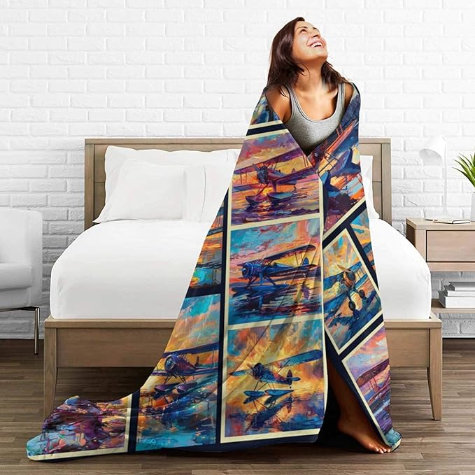 Airplane Decor Stuff Merch Cozy Print Flannel Fleece Soft Plush Fuzzy Warm Lightweight Bedding - Airplane Gifts for Women, Men, Girls, Kids - 60"X50"