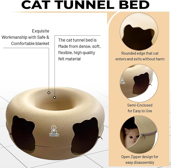 Peekaboo Cat Tunnel Bed - Large, Scratch-Resistant Donut Cave for Indoor Cats Up to 30-45 lbs, Detachable & Washable Design, Perfect Cozy Play & Rest Spot for Multiple Cats and Small Dogs