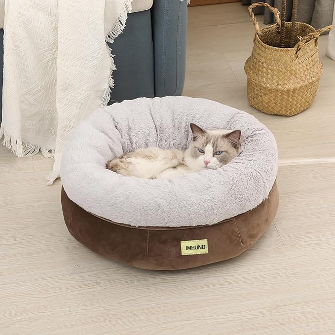 Cat Bed for Indoor Cats,Round Cat Bed for Small Pets,Washable Pet Bed with Non-Skid Bottom,Pet Bed for Puppy and Kitty,19 Inches,Brown