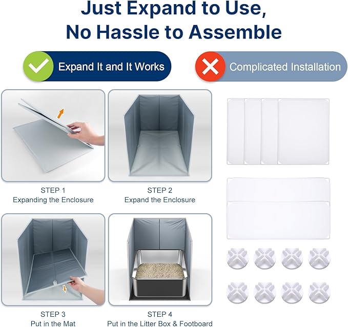 2 Set 23.6" x 15.7" x 6" Stainless Steel Litter Box with Cat Litter Box Enclosure Splash Guard, Metal Litter Box with All-in One High Sided Cat Litter Box Pee Shields, Removable Liiter Mat & Scoop