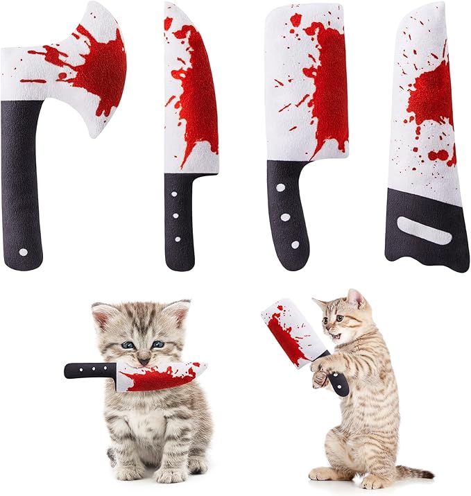 Potaroma 4Pcs Cat Toys Catnip Crinkly Sound Toy, Horror Knife-Shaped Kitten Bite Kicker Toys, Indoor Exercise 7.5 Inches for All Breeds