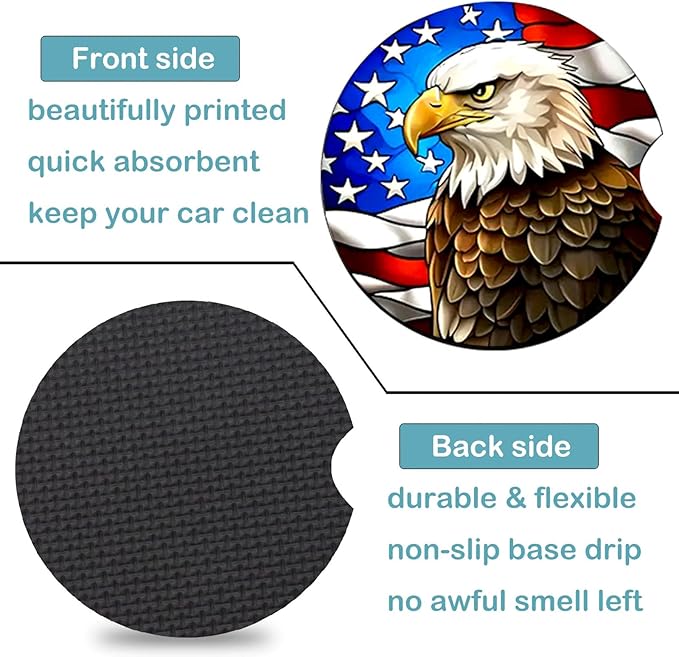 Car Coasters for Cup Holders,2 Pack US Flag and Bald Eagle Car Coasters,2.75" Universal Size Anti Slip Rubber Mat,Automotive Cup Holder Decor Accessories,US Flag Gifts for Women,Men,Mom